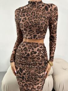 Firerie 2pcs Women Summer Autumn Sexy Elegant Leopard Print Mesh Bodycon Long Sleeve Crop Top And High Waist Ruched Skirt Set