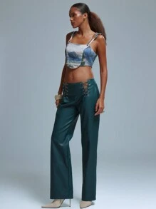 MUSERA 系带侧边直筒PU裤 伊比沙波西米亚风 夏季性感时尚 优雅 - 淺藍色 - 查看 1