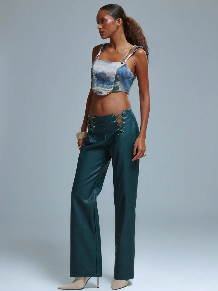 MUSERA 系带侧边直筒PU裤 伊比沙波西米亚风 夏季性感时尚 优雅 - 淺藍色 - 查看 1