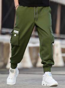 Manfinity Homme Men's Loose Letter Patched Detail Flap Pocket Side Drawstring Waist Cargo Pants - Army Green - View 7