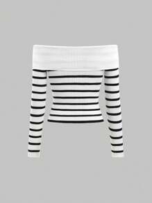 Sweetra Suéter ajustado con hombros descubiertos y diseño de rayas plegable para mujer