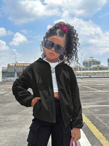 SHEIN Leap Crew Tween 女童宽松休闲连帽字母印花轻便夹克 - 黑色 - 查看 3