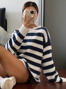 DAZY Suéter holgado informal de punto a rayas para mujer, nuevo lanzamiento de otoño - azul real - Ver 4