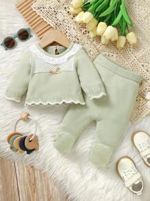 SHEIN Infant Contrast Trim Bowknot Decor Knitted Sweater And Pants Set - Mint Green - View 4