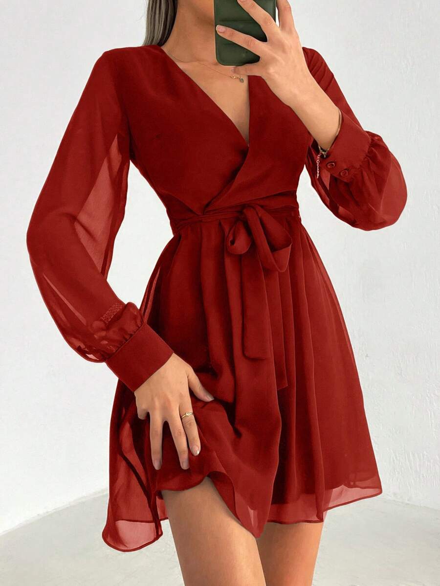 Cloudara Women's Long Sleeve Wrap Design Mesh Dress - Red - View 1