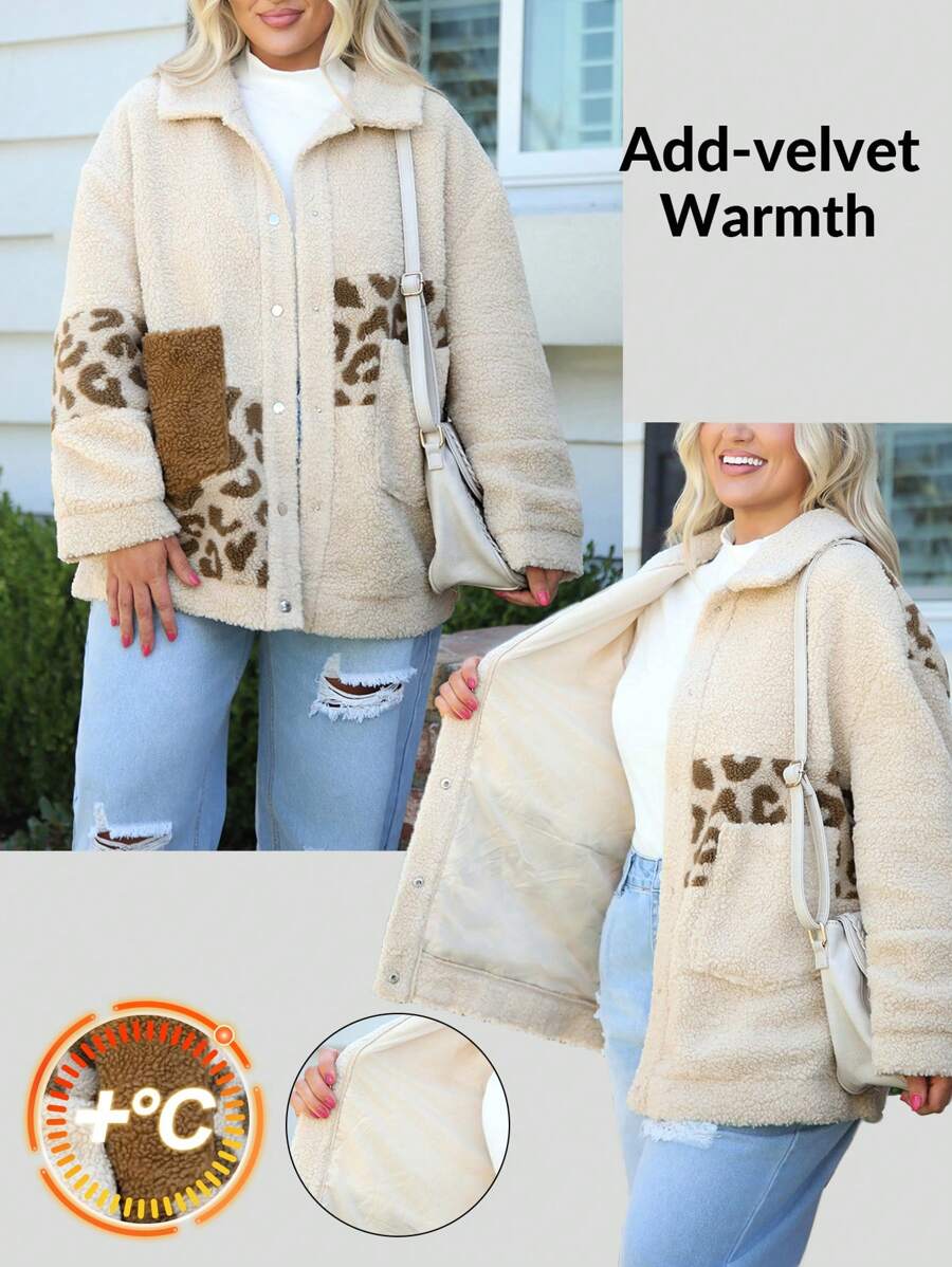 SHEIN LUNE 大码女式冬季拼布豹纹加大羊毛厚口袋宽松休闲夹克感恩节装休闲日常穿着，必备节日装 - 彩色 - 查看 1