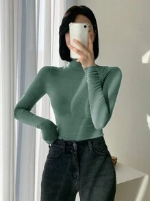 DAZY Bluză de toamnă și iarnă cu guler înalt, casual, slim fit, cu strat de bază, mânecă lungă, pentru femei, haine de toamnă pentru femei