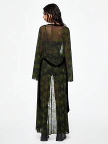 ROMWE Goth 女士神秘黑暗女巫吊兰植绒长款罩衫蕾丝边上衣 - 黑色 - 查看 5