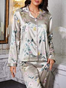 花卉印花仿丝睡衣套装（有领、长袖和长裤） - 彩色 - 查看 4