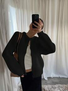 Siren Gaze 女士休闲纯色蓬松针织开衫，秋冬 - 黑色 - 查看 6