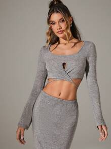 SHEIN Unity 女士 锁眼细节系带毛衣上衣 - 灰色 - 查看 4