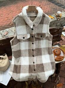 Comfortcana 大码前扣格纹背心夹克，秋冬季休闲外套 - 彩色 - 查看 4