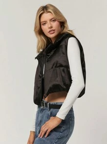 SHEIN EZwear Chaleco negro sin mangas corto para mujer, invierno - Negro - Ver 5