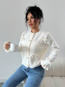 Chiquease Chaqueta de punto de manga larga con decoración de lazo, para otoño/invierno, tops de manga larga para mujer