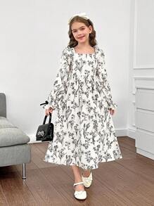 SHEIN Nova Glow 少女黑色碎花印花长袖连衣裙，秋季连衣裙 - 黑與白 - 查看 3