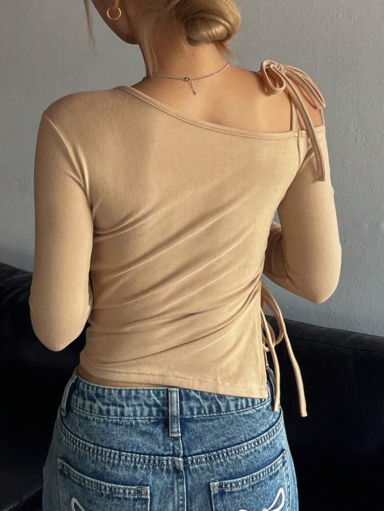 Women's Solid Color Lace-Up Open Shoulder Fashionable Spring/Autumn T-Shirt Long Sleeve Women Tops