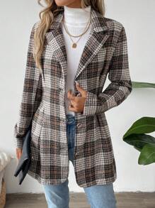 SHEIN LUNE 2024 New Plaid Cinched Waist Mid-Length Blazer Jacket For Women - Brown - View 5