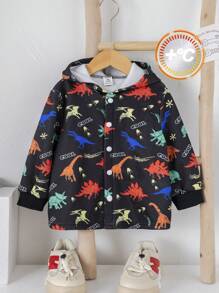SHEIN 幼儿儿童卡通恐龙印花连帽羊毛夹克，温暖柔软百搭休闲外套，适合冬季户外玩耍