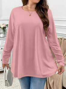 Firerie 大码优雅休闲宽松长袖圆领纯色基本款分层荷叶边下摆 T 恤 - 粉色 - 查看 2
