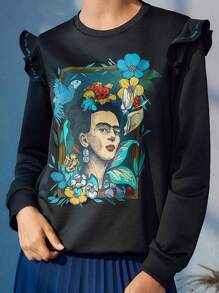 Frida Kahlo X SHEIN Women Figure Graphic Ruffle Trim Casual Black Sweatshirt, Fall/Winter Surrealism Self Portraits Unibrow - Black - View 5