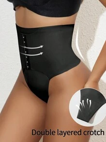 SHEIN 1pc Women High Waisted Control Tummy Thong Panty - Black - View 6