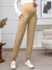 SHEIN 孕妇休闲纯色高腰锥形裤，秋季 - 卡其色 - 查看 5