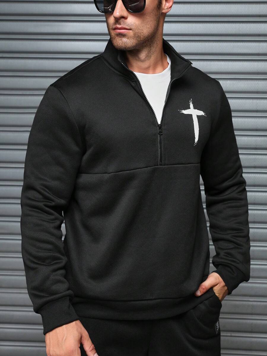 Manfinity Homme Men's Stand Collar Zipper Front Print Casual Pullover Sweatshirt - Black - View 1