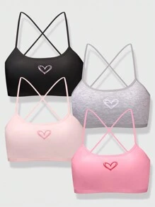 4pcs/Set Teen Girls'' Simple Solid & Heart Print Soft Comfortable Camisole Underwear Set