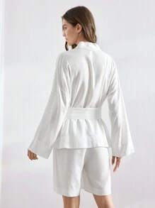 Ocili 女士纯色抽绳长袖休闲衬衫和短裤家居服套装 - 白色 - 查看 2