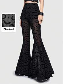 ROMWE Goth Bat Print Mesh Flare Leg Pants - Black - View 1