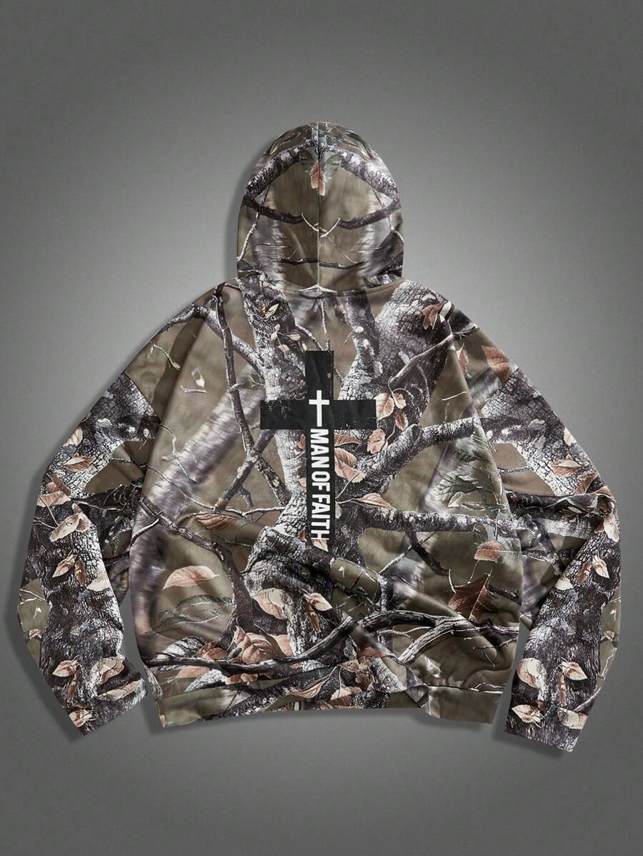 Manfinity VCAY Moletom com capuz masculino plus size, folgado, com estampa de cruz e letras, manga comprida, para outono e inverno - Multicolorido - Ver 1