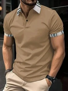 Manfinity Dauomo Áo thun polo nam tay ngắn in sọc cài nút phía trước, mùa hè - Màu Khaki - Xem 1
