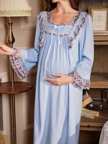 Camisón de maternidad oversize con volantes de contraste, plisado acordeón y decoración de lazo, para vacaciones
