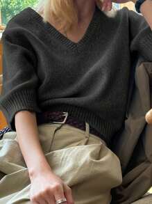 DAZY Áo len chui đầu màu trơn cổ chữ V cho nữ, trang phục thường ngày khi trở lại trường vào mùa thu - Màu xám đen - Xem 4