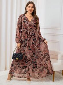 SHEIN Clasi Plus Size Retro Paisley Floral Print Waist Tie Dress,Beach Dress Sundress,Holiday Outfits Boho