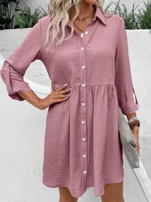 SHEIN Frenchy 纯色纽扣领中长袖简约短款连衣裙 - 藕粉色 - 查看 6