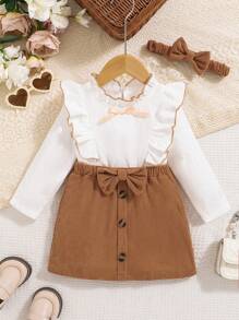 2pcs Baby Girls' Cute Fashion Ruffle Collar Bow Long Sleeve Dress And Headband Set, Suitable For Spring And Autumn - Multicolor - View 1