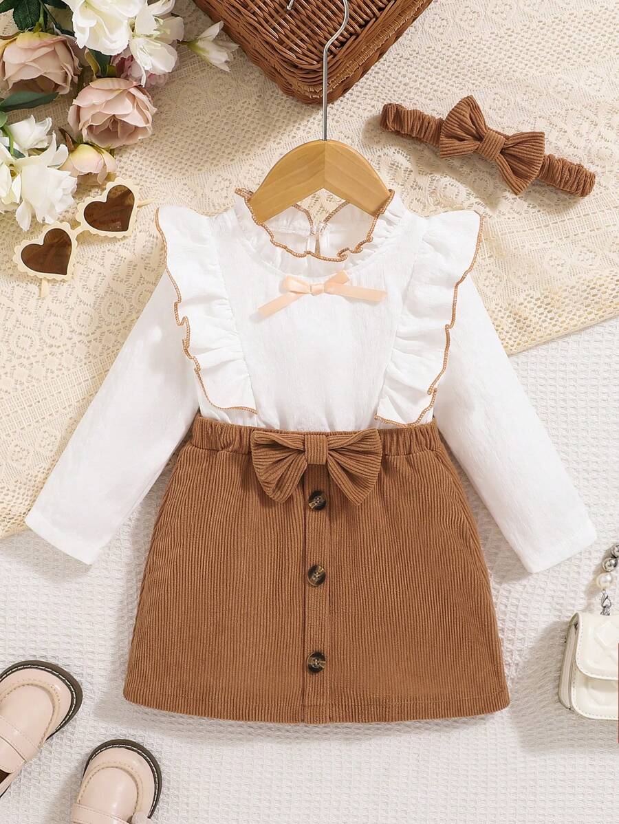 2pcs Baby Girls' Cute Fashion Ruffle Collar Bow Long Sleeve Dress And Headband Set, Suitable For Spring And Autumn - Multicolor - View 1