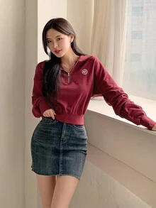 DAZY 女式翻领半拉链短款刺绣字母卫衣，秋装 - 酒紅色 - 查看 7