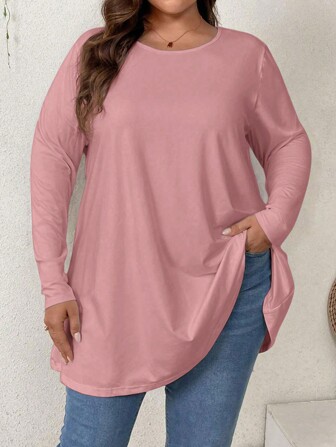 SHEIN Privé Plus Size Elegant Casual Loose Long Sleeve Crew Neck Solid Basic Layering Ruffle Hemline T-Shirt