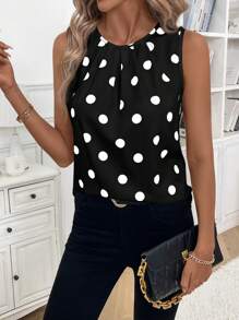 SHEIN Clasi Dam prickiga tryck rund hals ärmlös Casual blus, sommar - Svart och Vitt - Visa 3