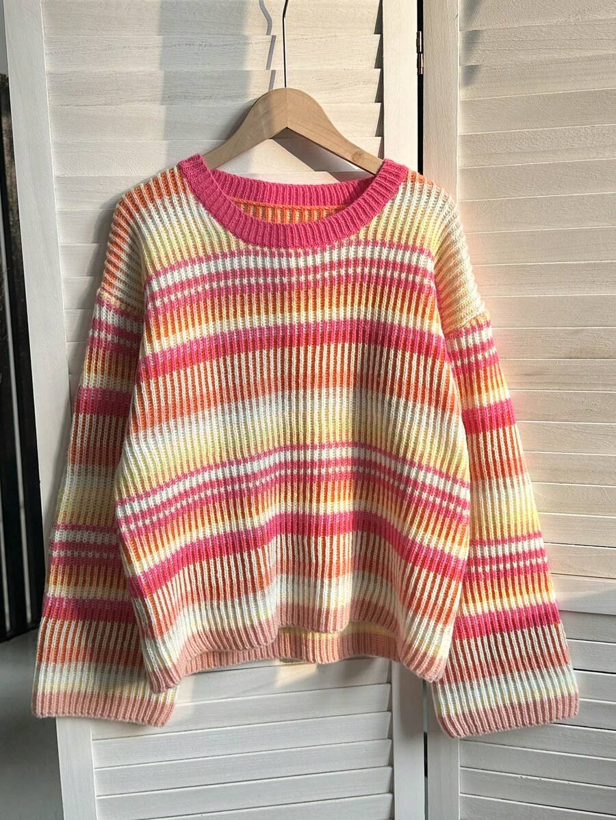Elamini Women's Casual Colorblock Striped Sweater, Spring Autumn,Long Sleeve Tops Knit Pullover Fall Winter Outfit - Multicolor - View 1