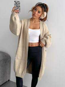Flirla Cárdigan casual suelto de manga larga con hombros caídos y bolsillos de unicolor para mujer, otoño e invierno