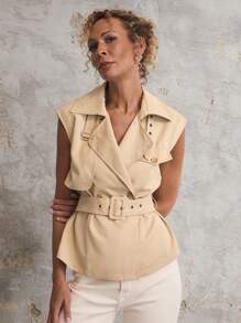 SHEIN Unity Women's Solid Color Double-Breasted Belted Sleeveless Blouse - Khaki - View 5
