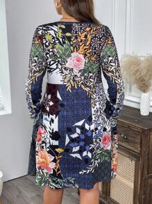 EMERY ROSE Plus Size Floral Print Long Sleeve Dress - Multicolor - View 2