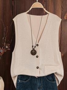 大码女式休闲纯色拼布口袋单排扣针织背心，适合冬季