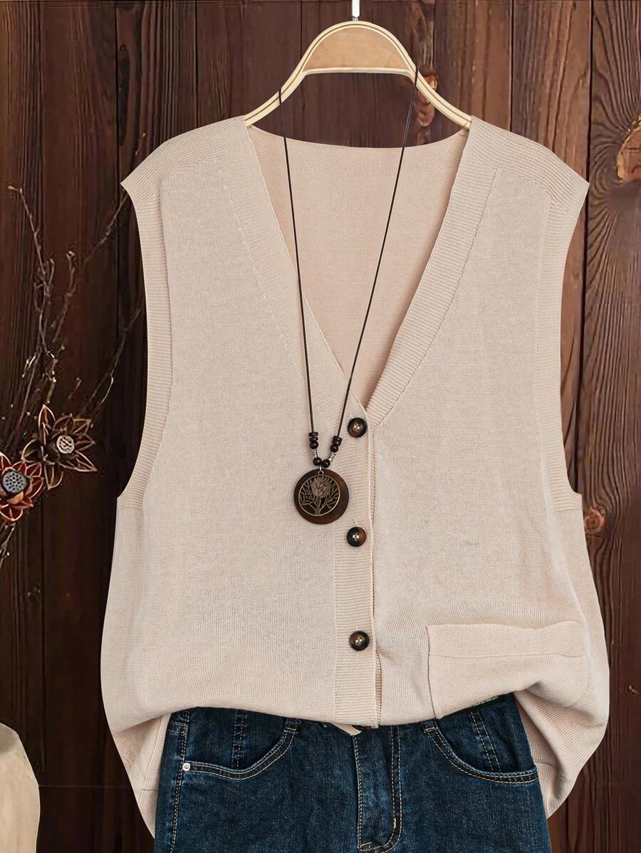 大码女式休闲纯色拼布口袋单排扣针织背心，适合冬季