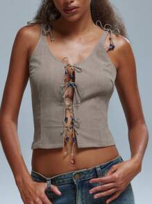 MUSERA Áo tank top ren đính hạt gợi cảm, thích hợp cho kỳ nghỉ xuân hè. - Xám - Xem 5