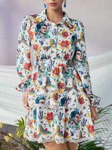 Frida Kahlo X SHEIN Women Surrealism Floral Print Contrast Lace White Long Sleeves  Mini Dress,Fall/Autumn - Multicolor - View 1