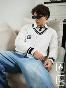 Manfinity EZcore 男士休闲学院风条纹边饰长袖毛衣，秋冬款 - 白色 - 查看 1